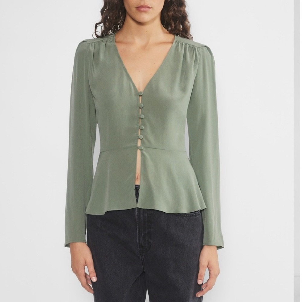 Wilfred Suzette Silk V-Neck Peplum Blouse Smoky Sage Women S Quiet Luxury Chic